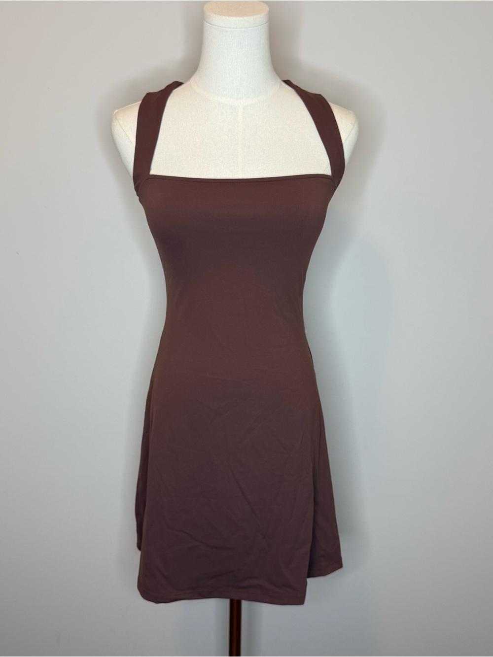 Square-Neck Brown Mini Dress with Wide Straps